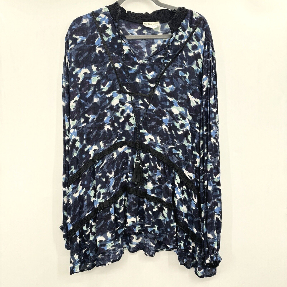 Go Fish Rayon Artsy Tiered Tunic Top Size XL Blue Black Velvet Trim Boho Relaxed